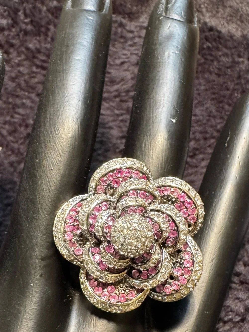 Sterling silver party/special occasion ring. Pink, black and clear stones. Size7